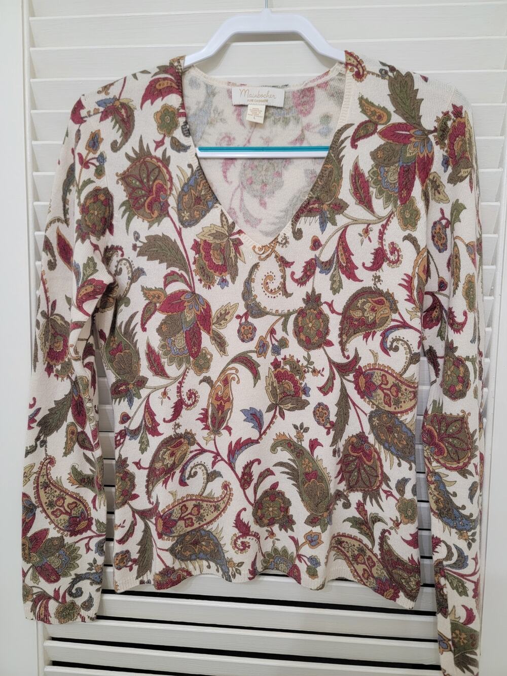 MAINBOCHER Womens V-Neck Pullover Cashmere Paisley Sweater Sz Large